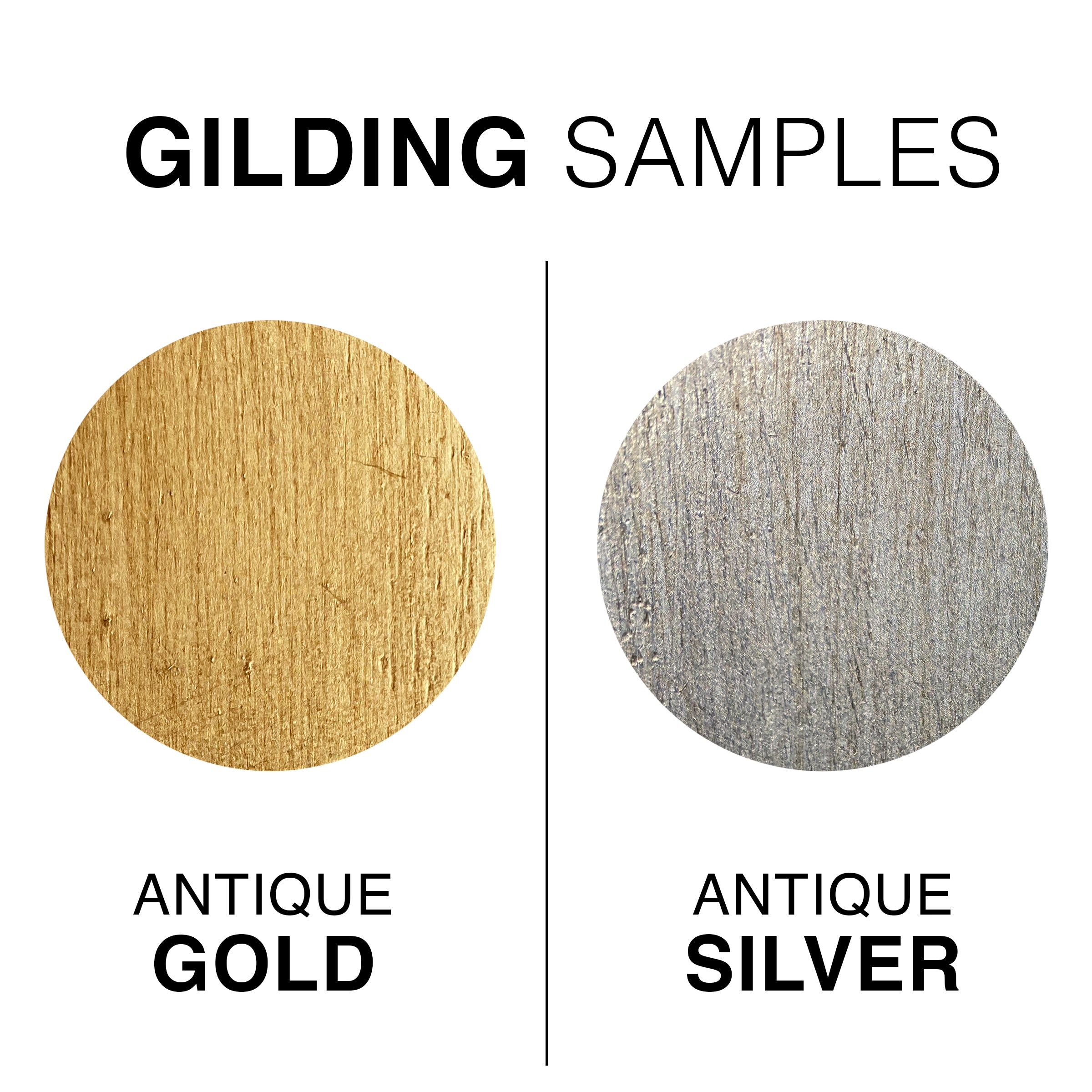 Gilding samples of antique gold and antique silver on a white background