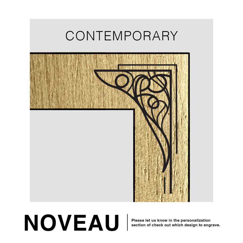 Wooden door with decorative corner design and 'Contemporary NOUVEAU' text on a white background