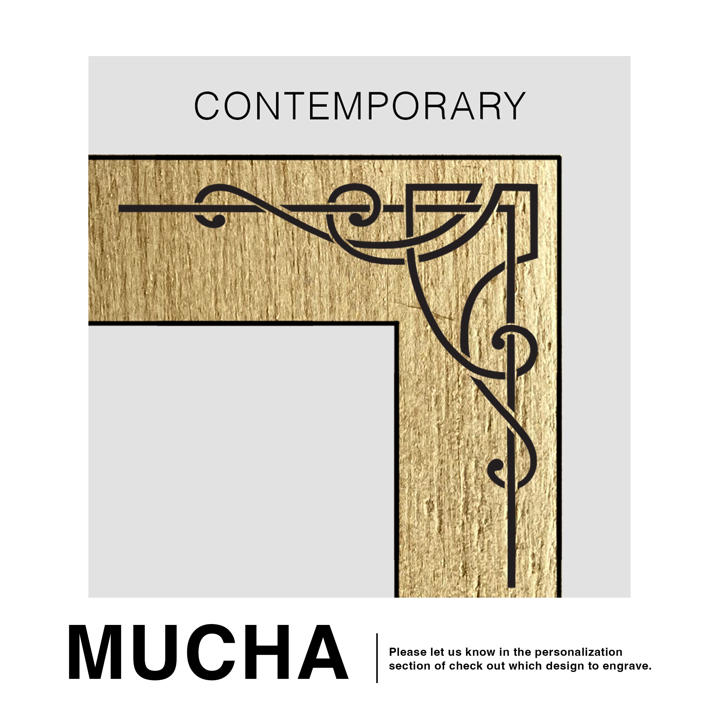 Decorative corner design with 'Contemporary Mucha' text on a light gray background