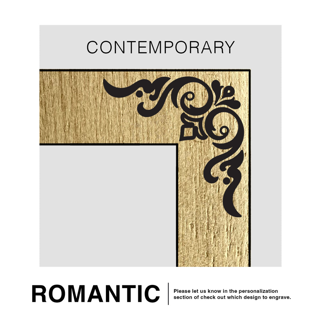 Decorative corner design with ornate patterns on a wooden surface, labeled 'Contemporary' and 'Romantic'.