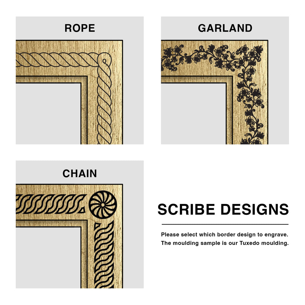 Scribe designs for moulding with rope, garland, and chain patterns on a white background.