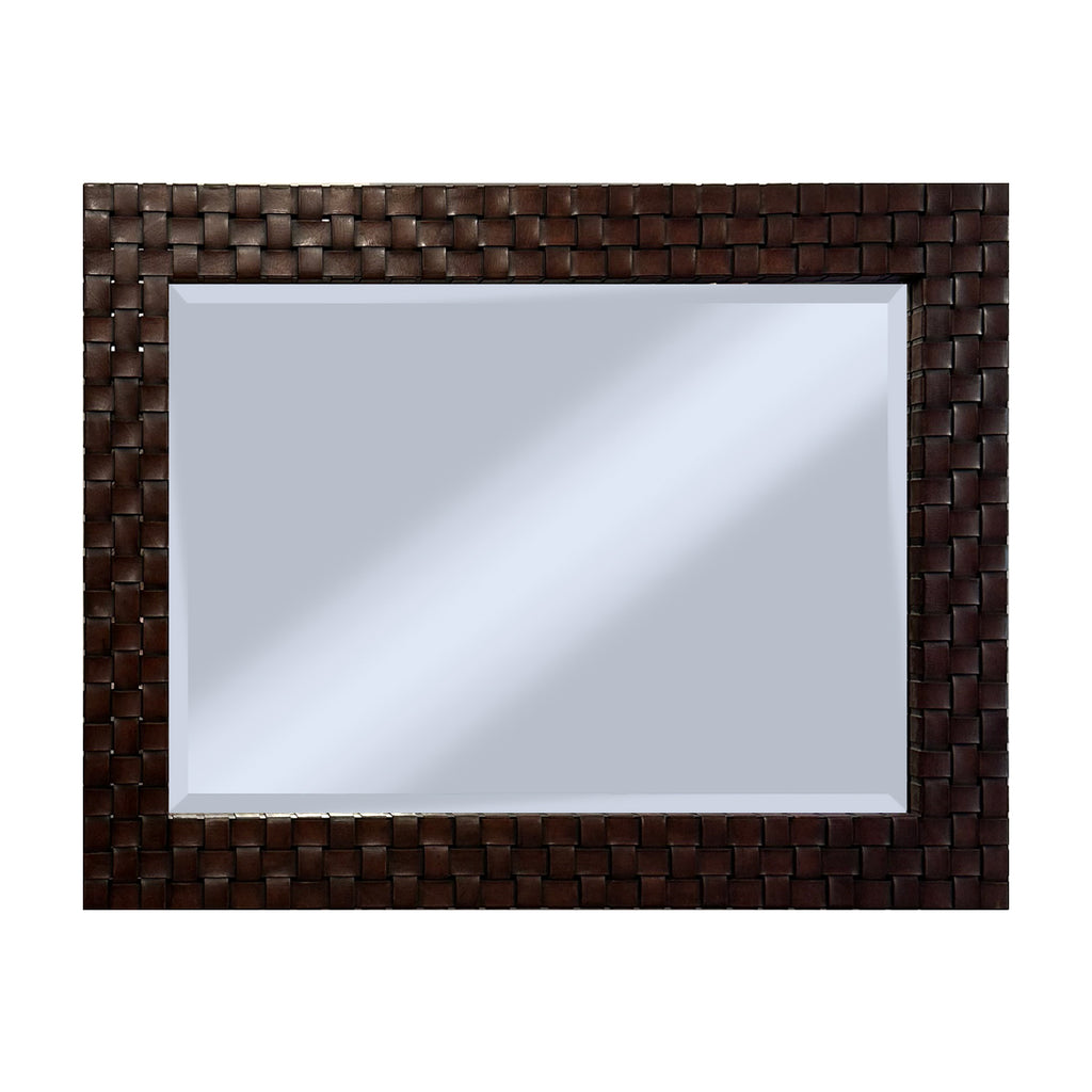 Rectangular mirror with a woven brown frame on a white background