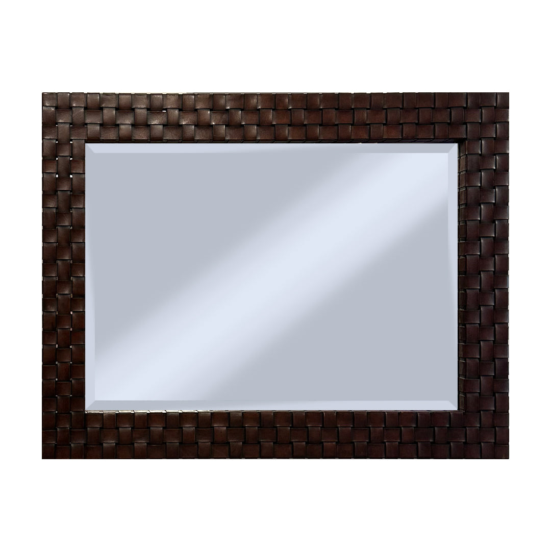 Rectangular mirror with a woven brown frame on a white background