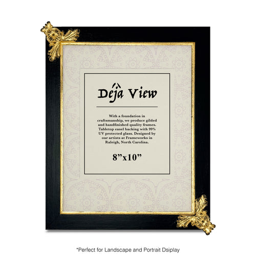 Decorative picture frame with gold accents and 'Deja View' branding on a white background