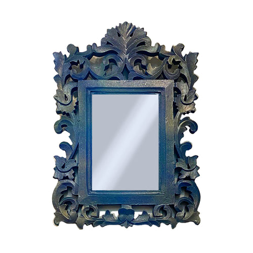 Decorative blue carved mirror with intricate floral frame on a white background
