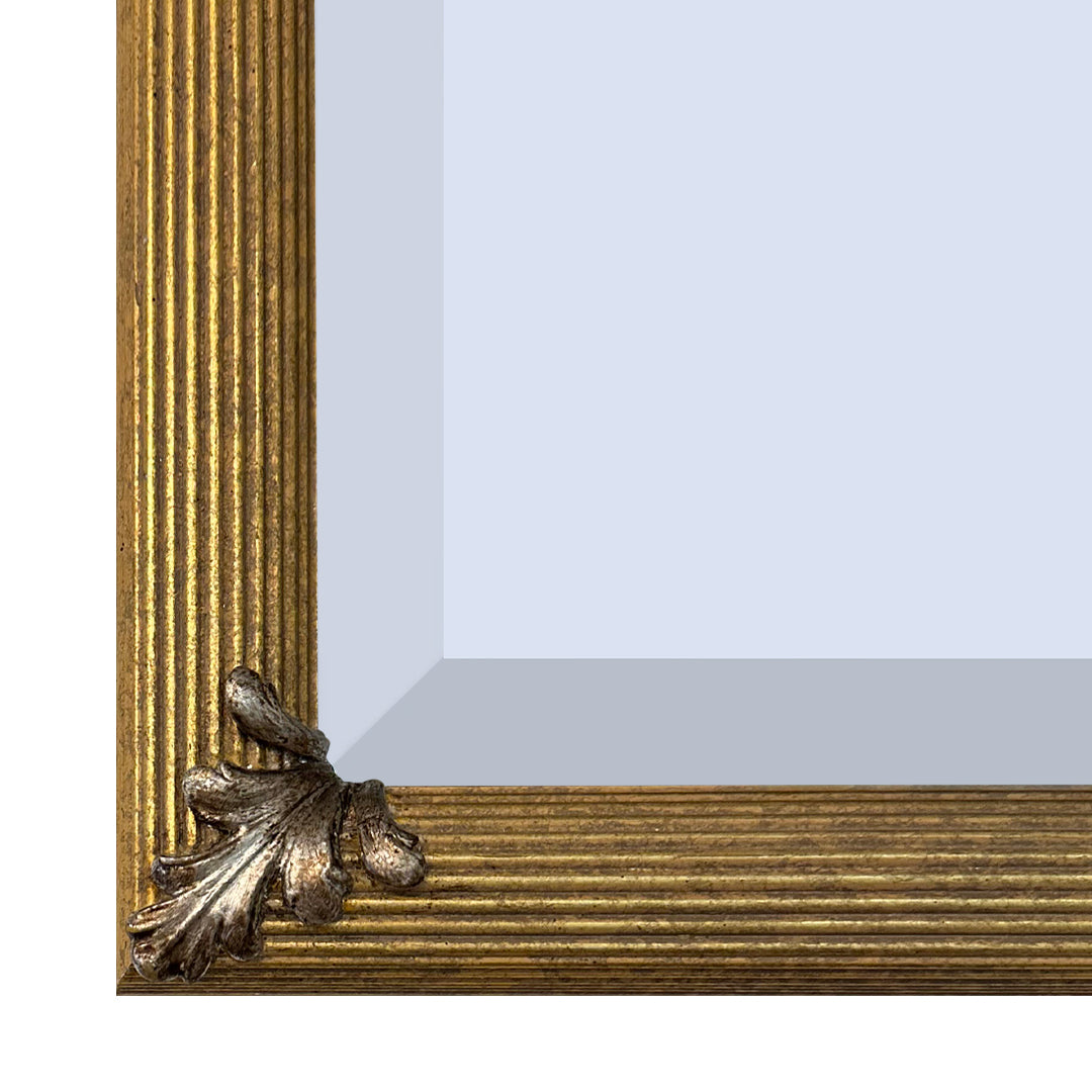 Hand embellished Silver corners mirror on gold base and a white background