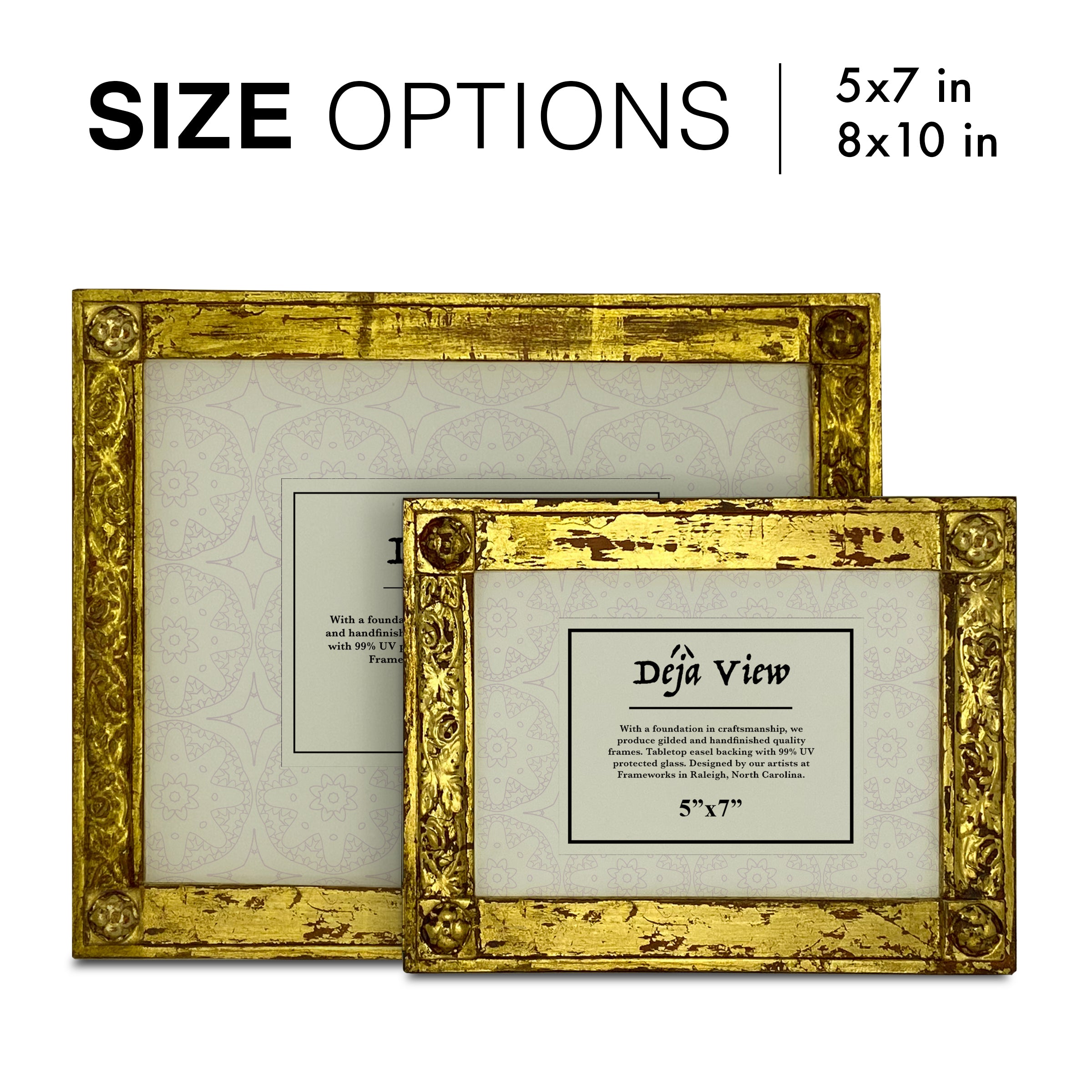 Two gold picture frames with size options 5x7 in and 8x10 in on a white background.