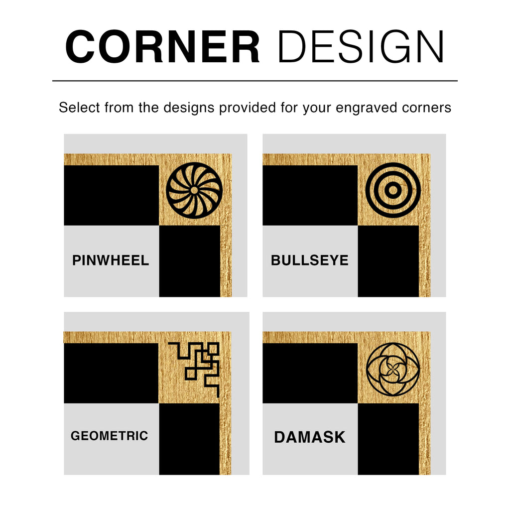 Selection of engraved corner designs with labels on a white background