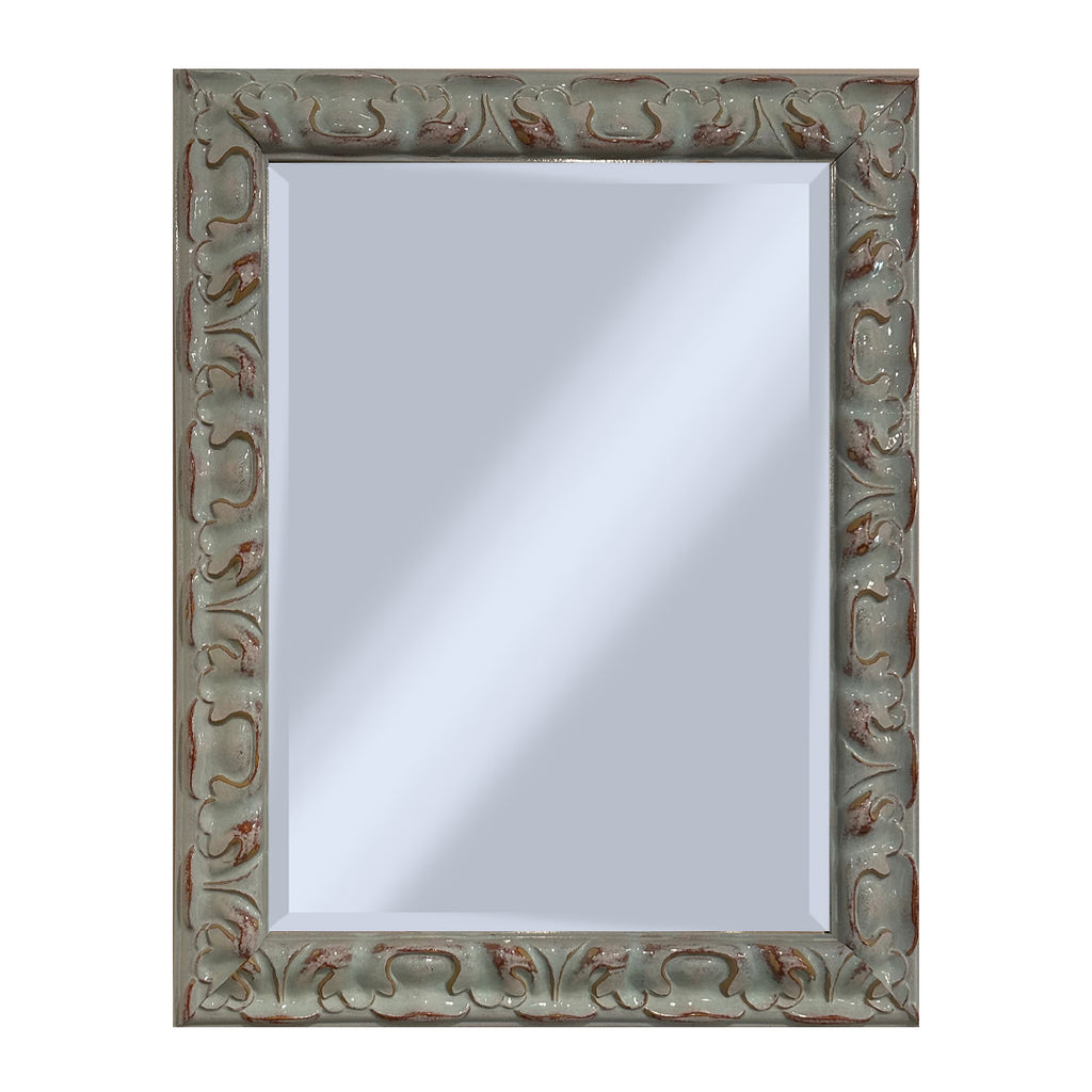 Teal swirly rectangular mirror on a white background