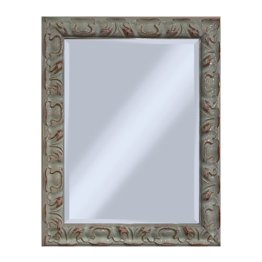 Teal swirly rectangular mirror on a white background