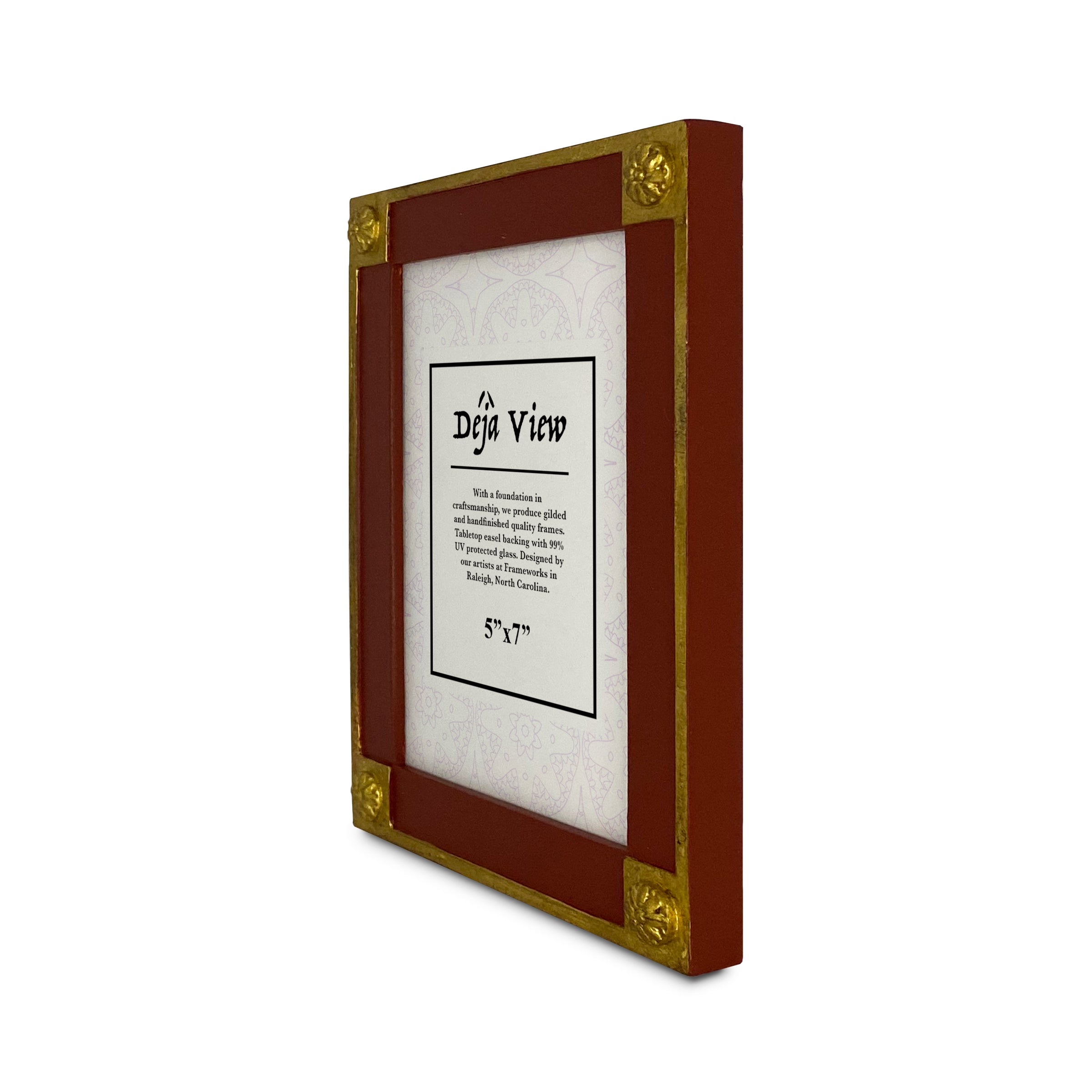 Wooden picture frame with gold accents on a white background