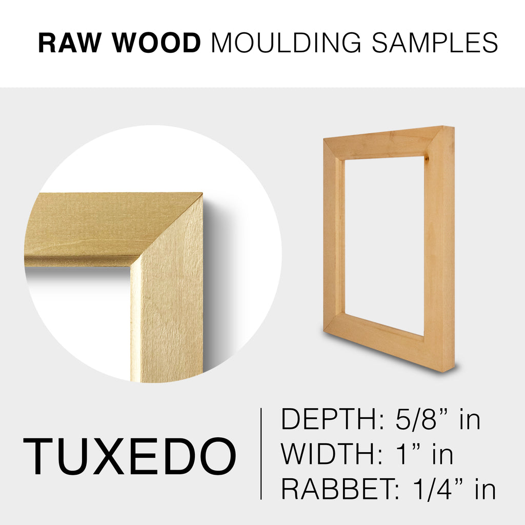 Raw wood moulding samples with dimensions on a white background