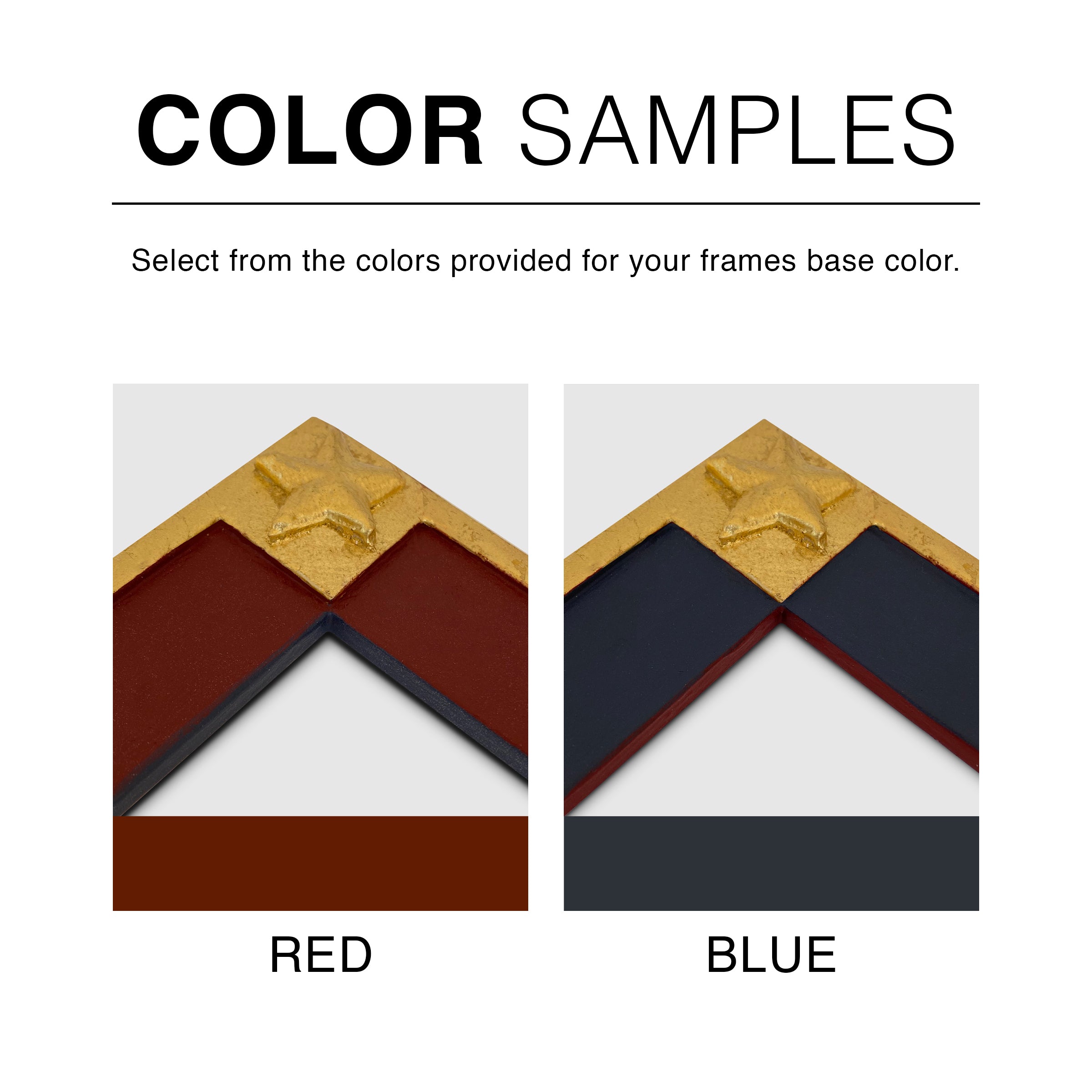 Color samples for frame base color with red and blue options.