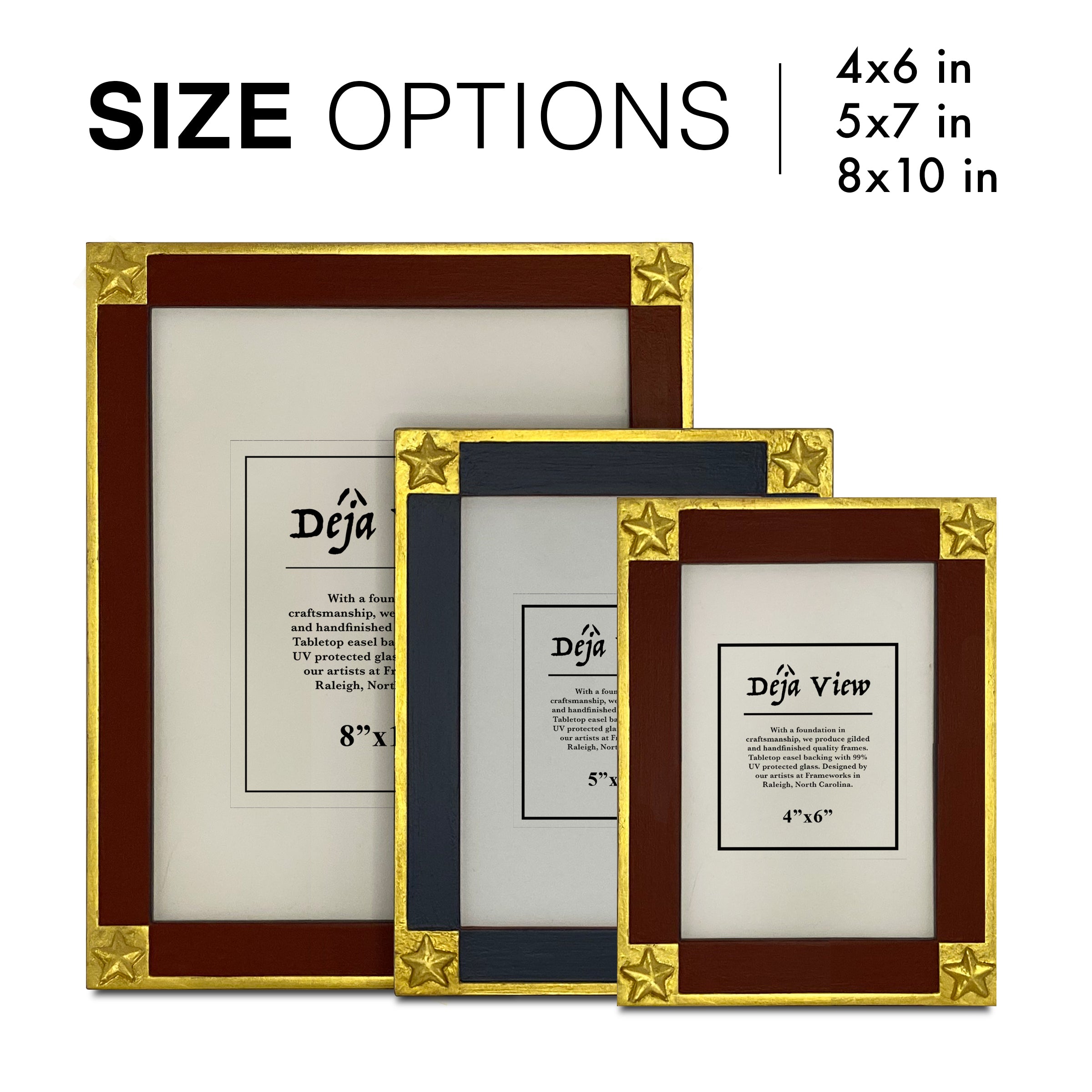 Three picture frames with gold accents and different size options displayed.