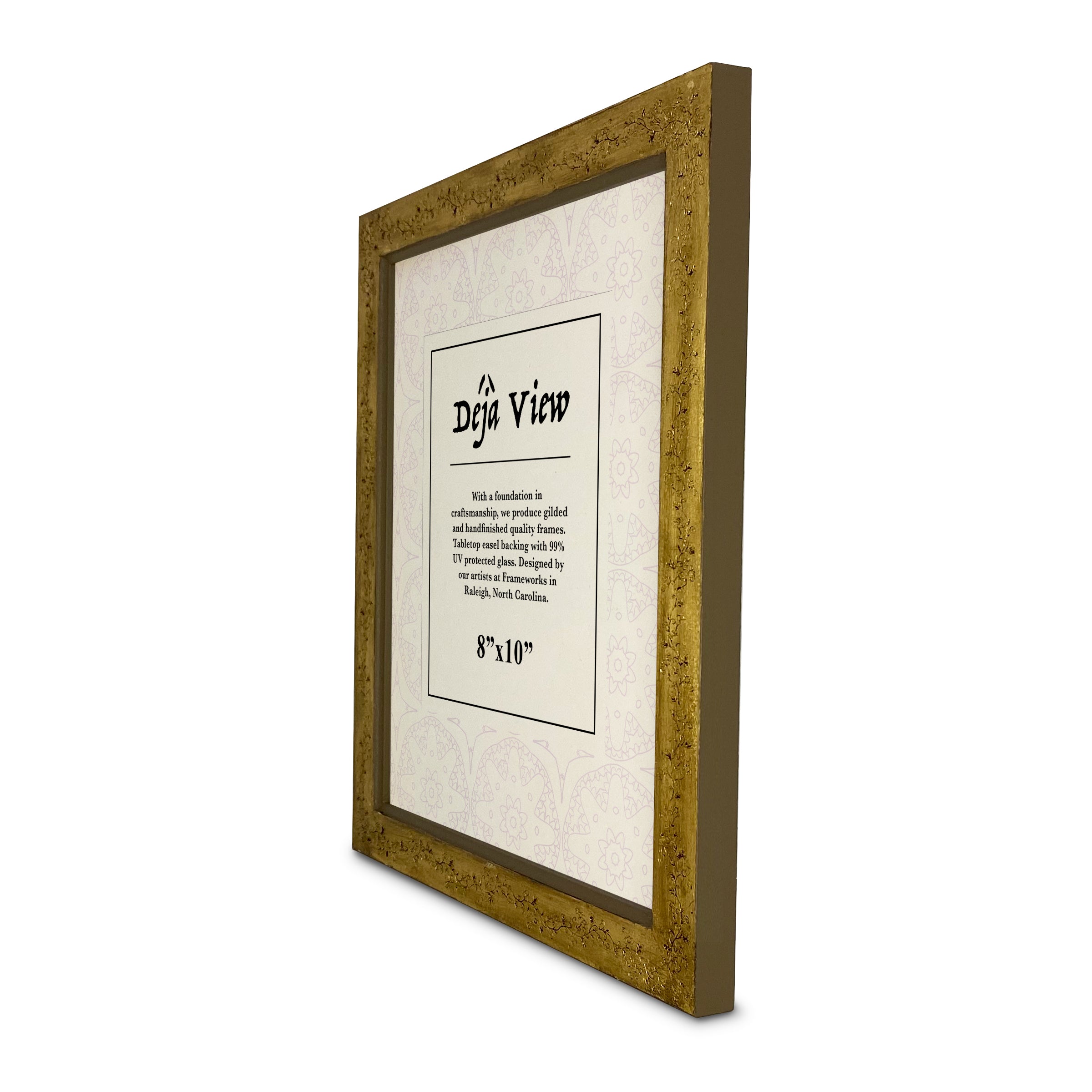 Gold picture frame with 'Deja View' text on a white background