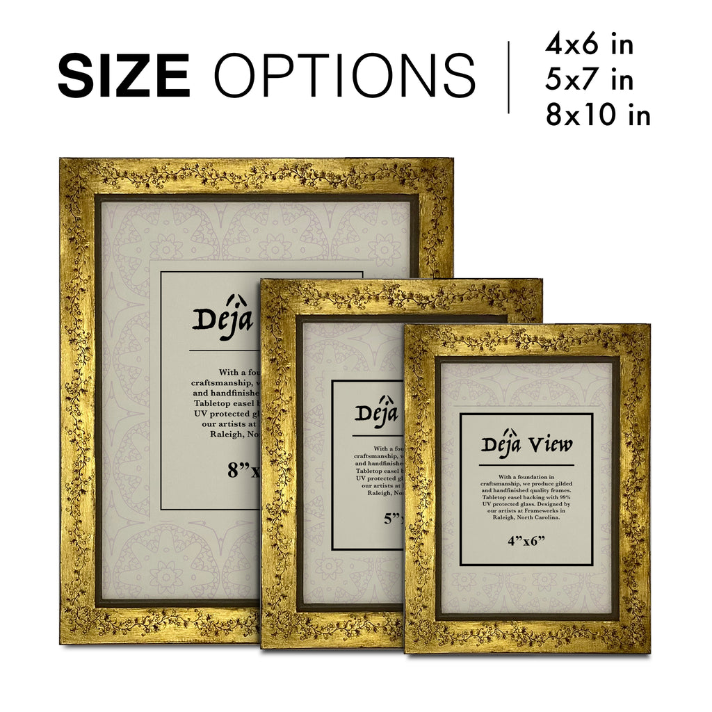 Three gold picture frames with size options displayed on a white background