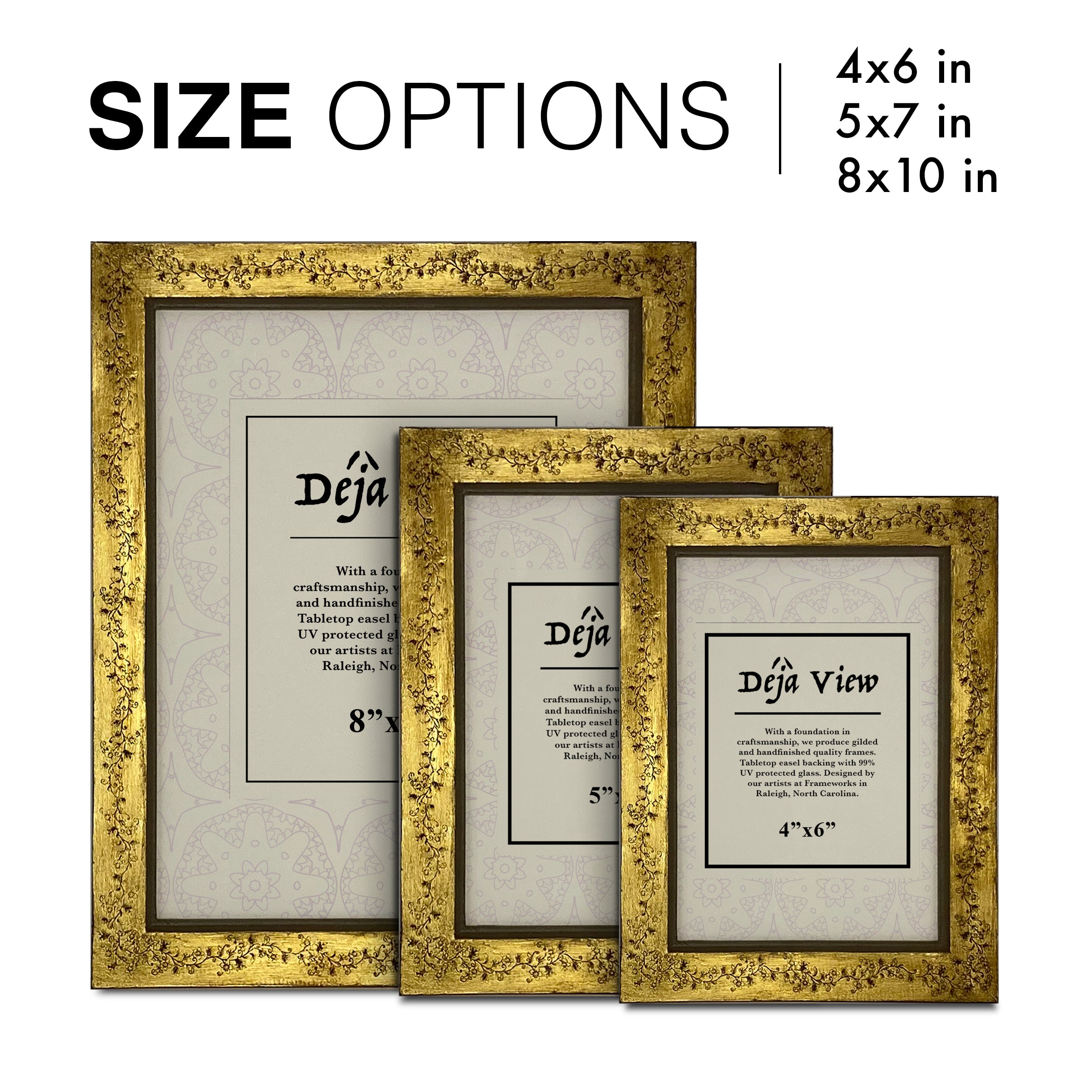 Three gold picture frames with size options displayed on a white background